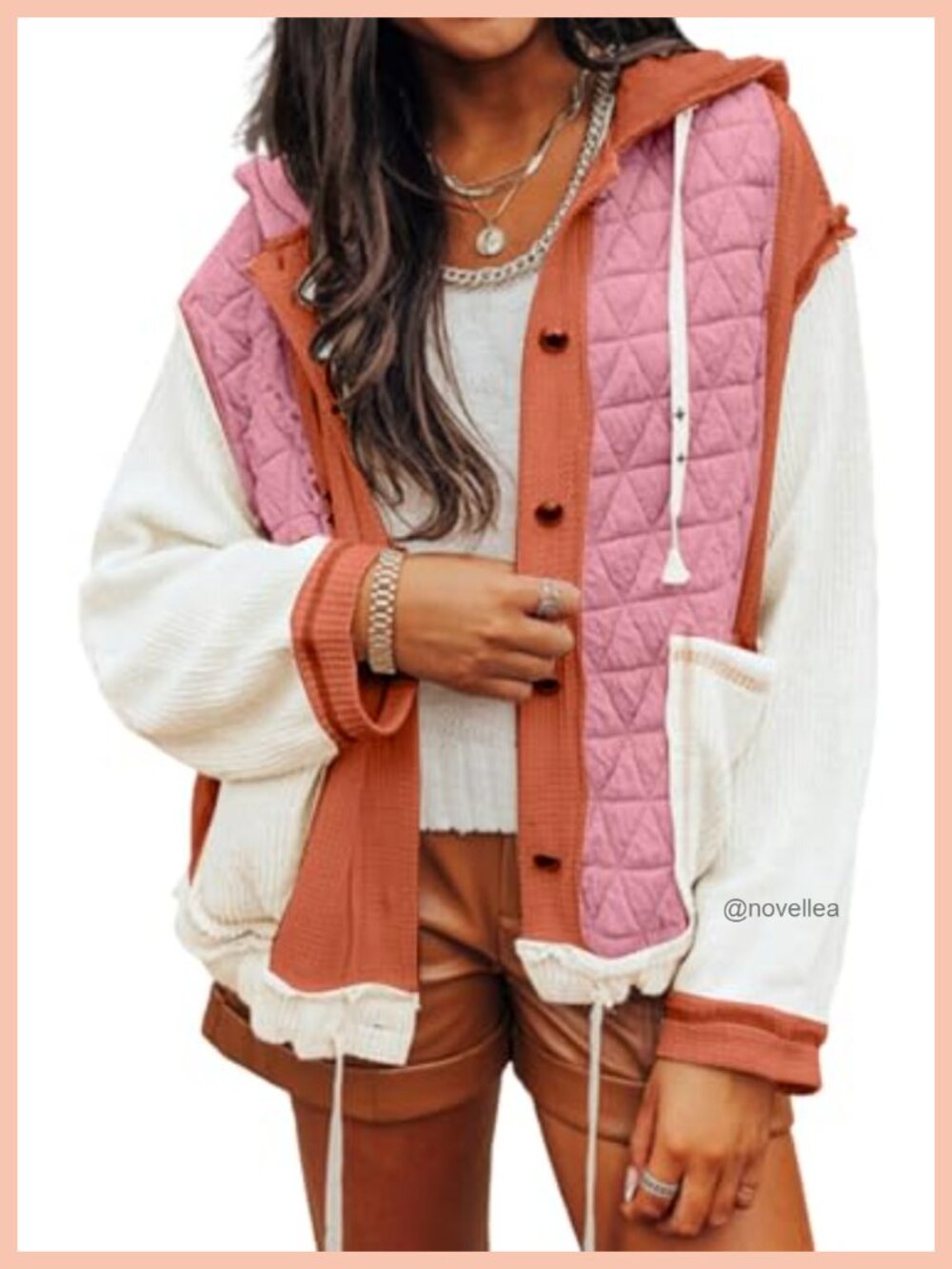 Women's Quilted Patchwork Hooded Shacket Loose Fit Zip Snap Jacket